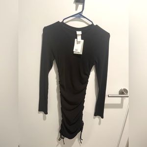 new with tags, H&M black long sleeve rouched bodycon dress with ties, size xs
